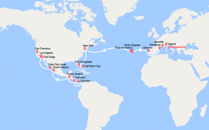 Carte itinéraire croisière Tronçon du Tour du monde 2027 : de Rome à San Francisco