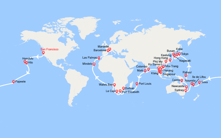 Carte itinéraire croisière Tronçon du Tour du Monde 2027 : de San Francisco à Marseille