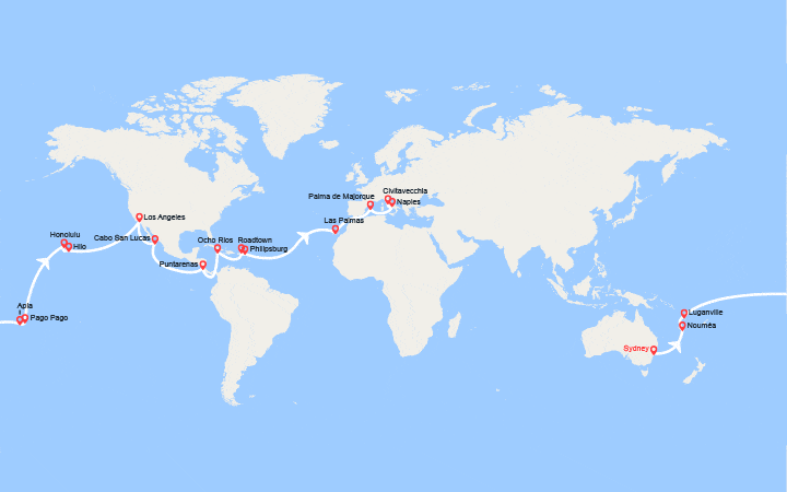 Carte itinéraire croisière Tronçon du Tour du Monde 2027 : De Sydney à Civitavecchia