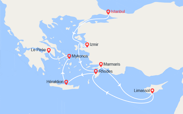 Carte itinéraire croisière Turquie, Chypre, Grèce