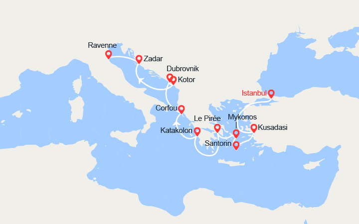 Carte itinéraire croisière Turquie, Grèce, Croatie, Monténégro, Italie