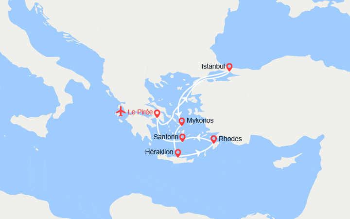 Carte itinéraire croisière Turquie, Grèce : Istanbul, Mykonos, Rhodes, Santorin - Vols inclus