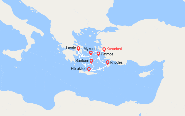 Carte itinéraire croisière Turquie, îles Grecques, Grèce