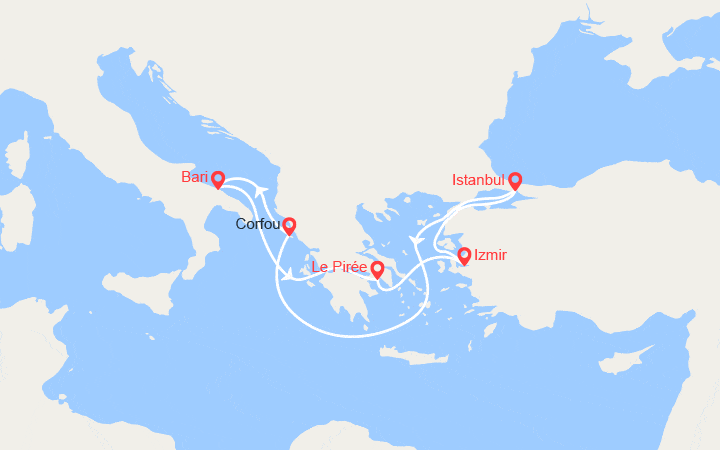 Carte itinéraire croisière Turquie, îles Grecques, Italie