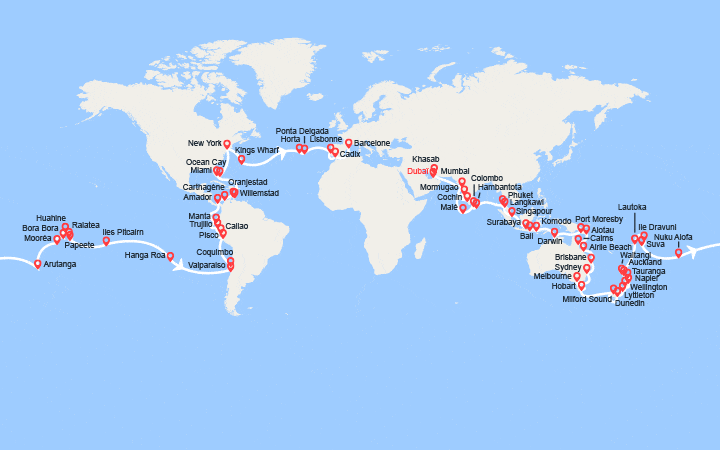 Carte itinéraire croisière Un Monde Infini : Tour du Monde 2029