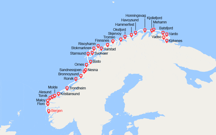 Carte itinéraire croisière Voyage classique de Bergen à Kirkenes