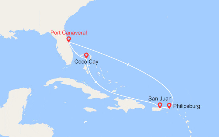 Carte itinéraire croisière Voyage dans les Caraïbes : St Martin, Porto Rico, Bahamas
