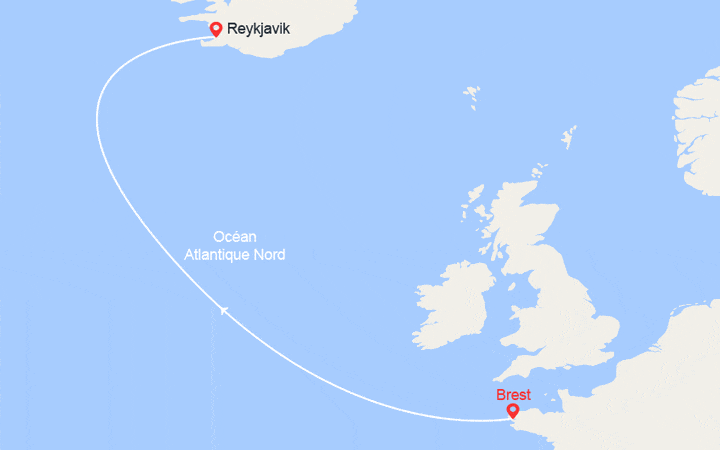 Carte itinéraire croisière Voyage en Mer : de Brest à Reykjavik
