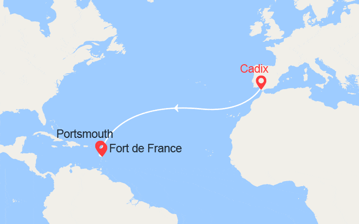 Carte itinéraire croisière Voyage en Mer de Cadix à Fort de France