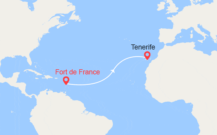 Carte itinéraire croisière Voyage en Mer : de Fort de France à Santa Cruz de Tenerife