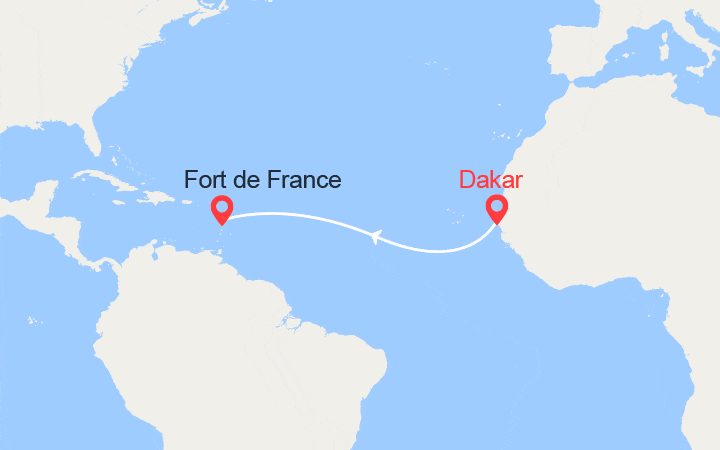 Carte itinéraire croisière Voyage en Mer : du Sénégal en Martinique
