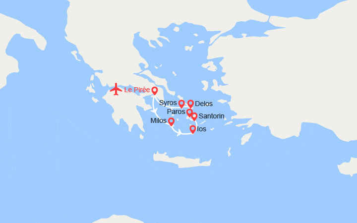 Carte itinéraire croisière Yachting dans les Cyclades II Vols inclus