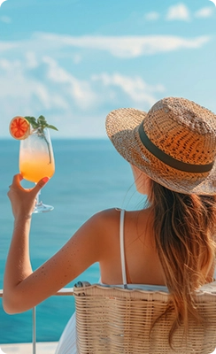 Femme dégustant un cocktail face à la mer